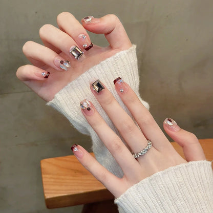 Top Selling French  Artificial  Press Nails Salon Full Cover Bling Coffin Stick on Nails