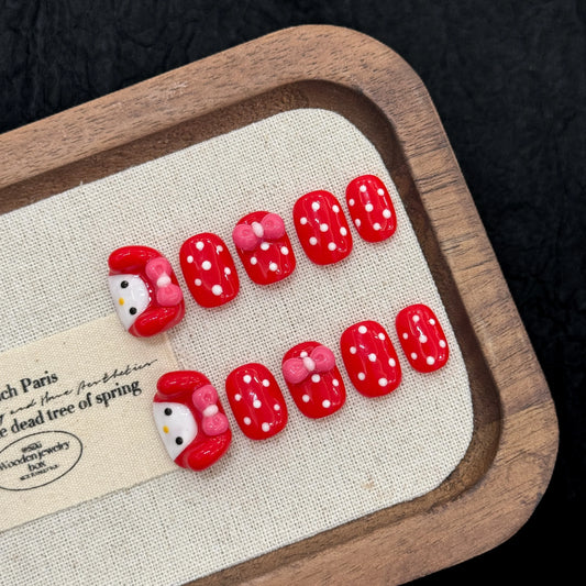 Uñas postizas de gel cortas de primera calidad, hechas a mano, con diseño de dibujos animados, para niñas, uñas artificiales 3D con diseño de lunares. 