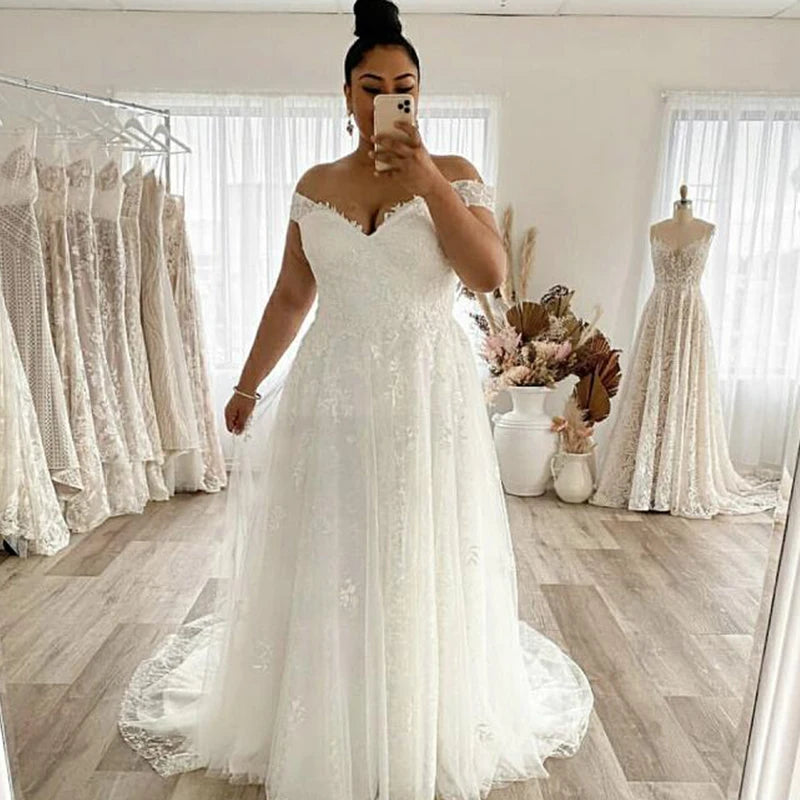 Lakshmigown Plus Size A Line Off The Shoulder Lace Applique Sweep Train Gown