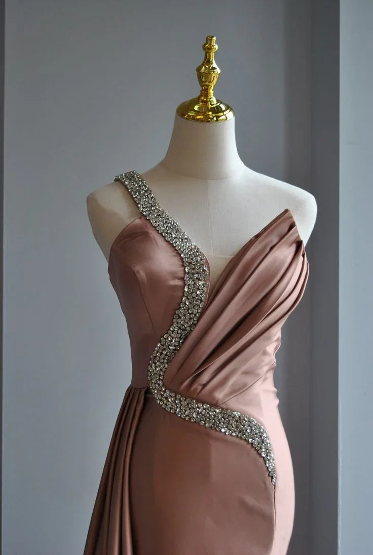Abito da sera lungo rosa rosa con perline di cristallo, monospalla in raso, modello sirena, abito da ballo Y8519