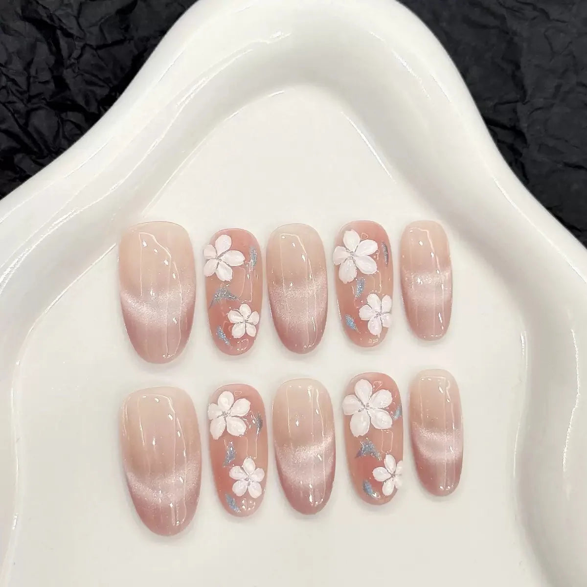 Uñas postizas acrílicas reutilizables, uñas postizas color nude, uñas postizas francesas almendradas 