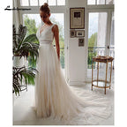 Custom Bohemian V Neck A Line Wedding Dress With Lace Trim
