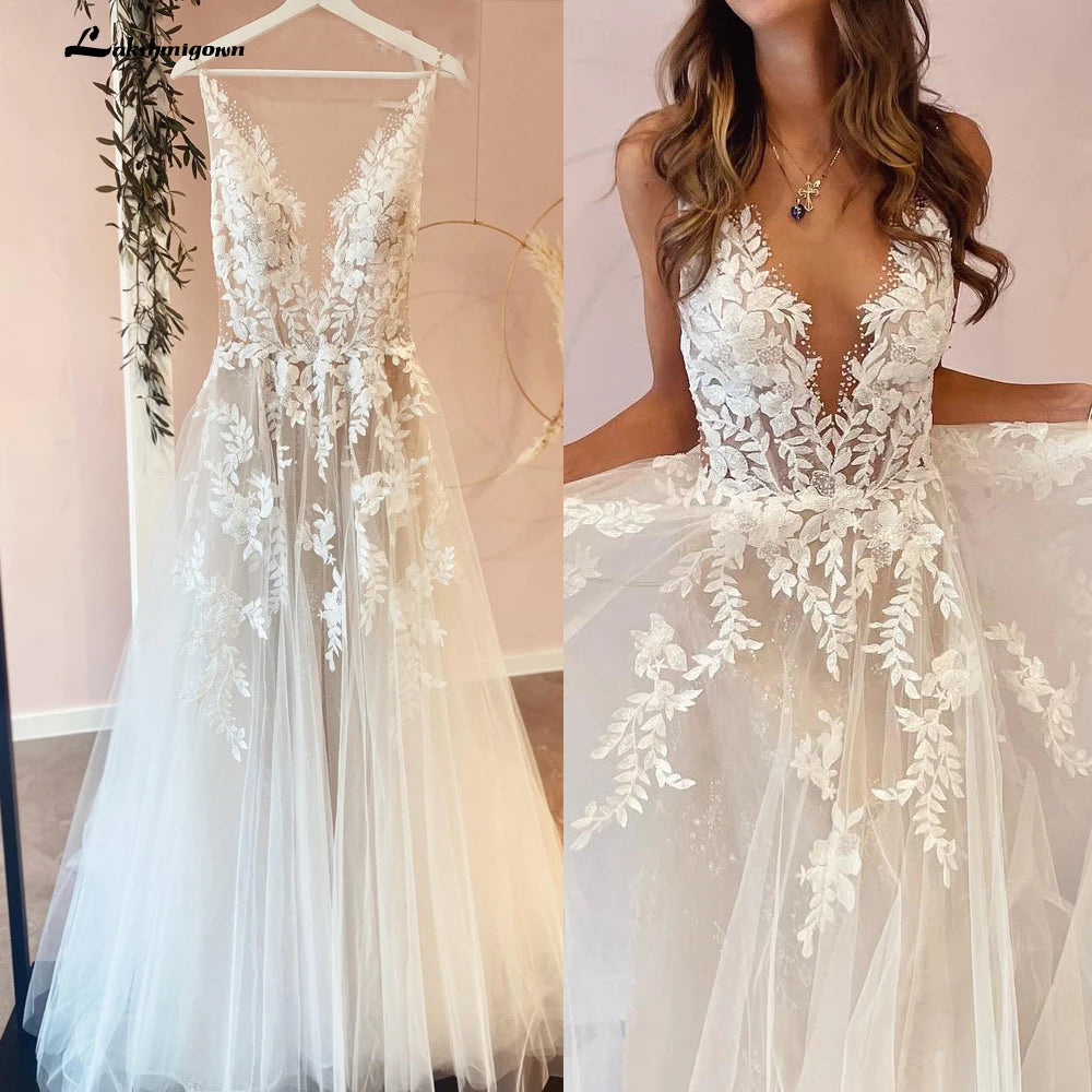 Custom A Line Backless Wedding Dress Featuring Beaded Lace Tulle