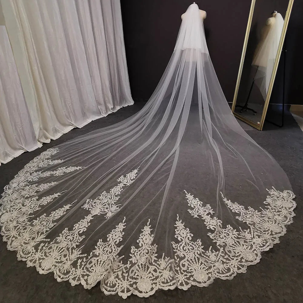 Custom Ivory Lace Wedding Veil With Comb And Blusher For Modern Bride