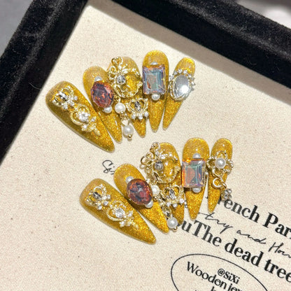 Autumn Luxury 3D Diamonds Style Handmade False Nails Gold Long Tips Press on Nails