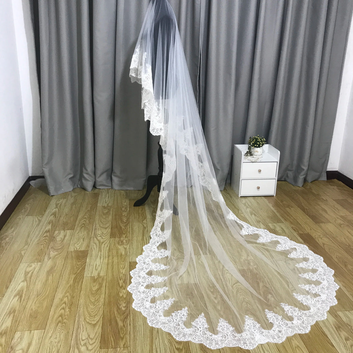 Ivory Cathedral Wedding Veil With Lace Face Cover And Sequin Details Comb