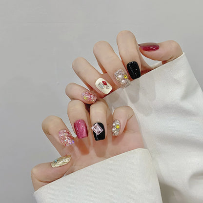 Press on Nails Color Short Almond square Stick on Nails Handmade Fake Acrylic Nails