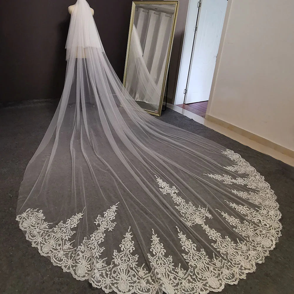 Custom Ivory Lace Wedding Veil With Comb And Blusher For Modern Bride