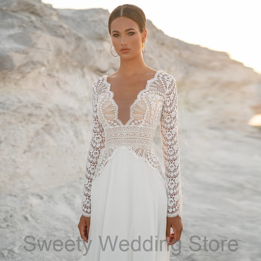 Customized Boho Wedding Dress Long Sleeves Lace Backless Summer Bridal Gown