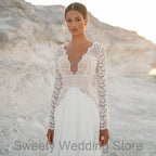 Customized Boho Wedding Dress Long Sleeves Lace Backless Summer Bridal Gown