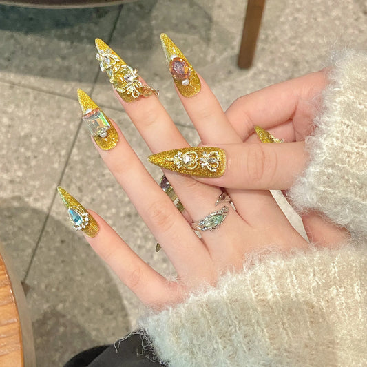 Autumn Luxury 3D Diamonds Style Handmade False Nails Gold Long Tips Press on Nails