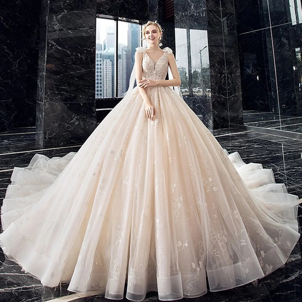 Elegant Crystal Lace V Neck Ball Gown Wedding Dress With Chapel Train