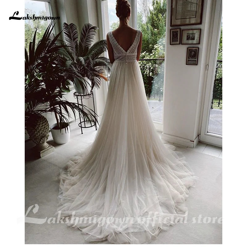 Custom Bohemian V Neck A Line Wedding Dress With Lace Trim
