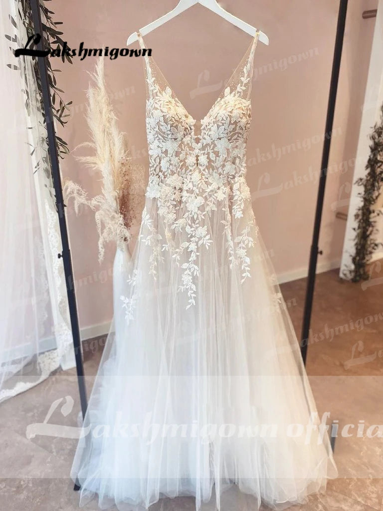 Lakshmigown Flowy A Line Tulle V Neck Wedding Dress With Custom Made Beach Bridal Gown