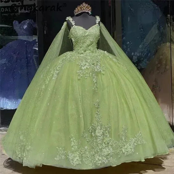 Robes vertes de Quinceañera avec cape, fleurs 3D, robe de bal douce pour 15 ans Y6065