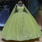 Vestidos Verdes de Quinceanera com Capa e Flores 3D Vestido de Baile Doce 15 Anos Y6065