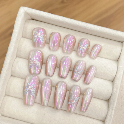 Shiny Full Cover Hand Painted butterfly pink Glitter Gel False Nails