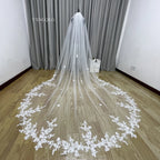 Single Layer Cathedral Wedding Veil With Lace Edge Applique Comb Ivory White
