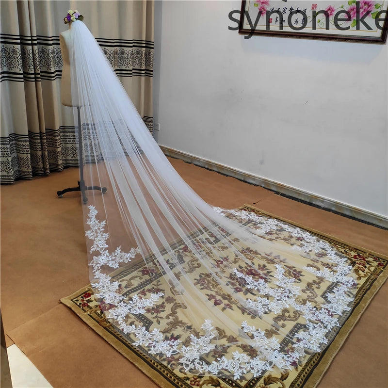 Cathedral Lace Edge Bridal Veil With Ivory Comb One Layer Tulle Wedding