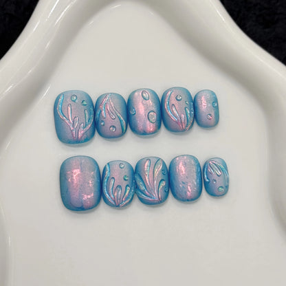 Uñas postizas de gel acrílico artificiales de alta calidad, color azul océano Y2K, redondas y cortas, 10 unidades, hechas a mano, con logotipo personalizado. 