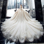 Elegant Crystal Lace V Neck Ball Gown Wedding Dress With Chapel Train