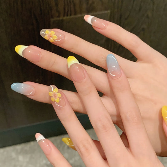 Uñas postizas de alta calidad talladas en 3D en color macarrón, desmontables, hechas a mano, para primavera y verano. 
