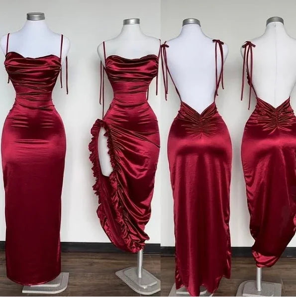 Vestido de Festa Justo com Alças Finas Borgonha Bonito Vestido de Noite Y8272