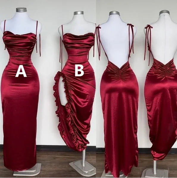 Vestido de Festa Justo com Alças Finas Borgonha Bonito Vestido de Noite Y8272