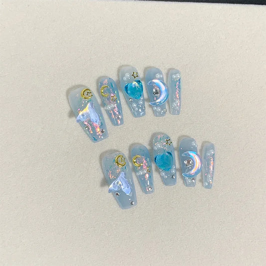 Uñas postizas suaves de lujo de alta calidad con diseño trapezoidal largo en azul degradado con diamantes de imitación 