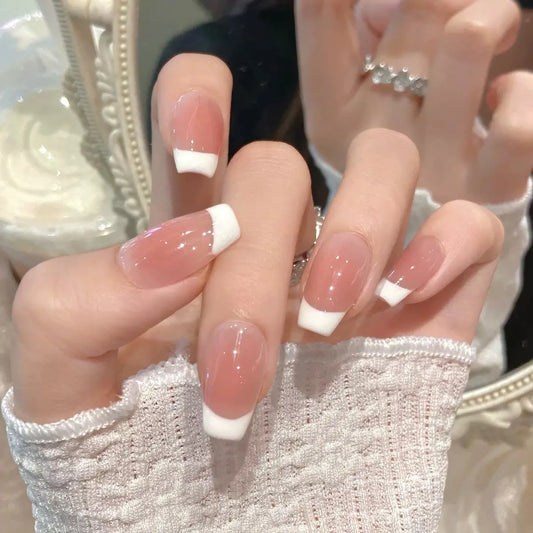Uñas postizas acrílicas reutilizables, uñas postizas color nude, uñas postizas francesas almendradas 
