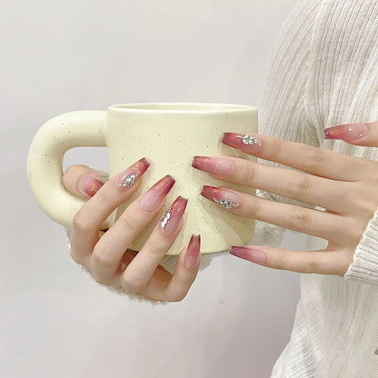 Uñas postizas francesas reutilizables de alta calidad, hermosas y de lujo, hechas a mano con purpurina. 