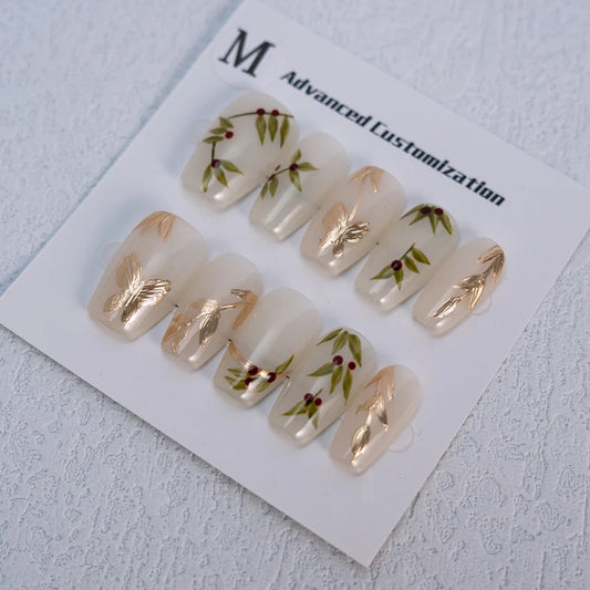 Pure Hand Painting Aesthetic Flowers Artificial Nails Handmade False Nails