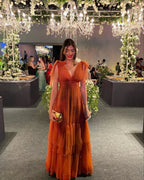 Abito lungo da sera elegante arancione con scollo a V Abito per invitata a matrimonio Y5065