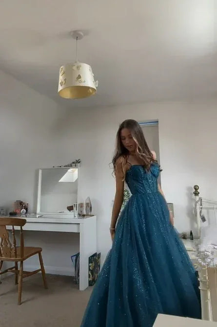 Vestido de Festa Elegante em Tule Brilhante com Alças Finas em Linha A Y406