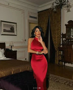 Vestido de noite formal vermelho encantador, justo, sem mangas, em cetim, para baile Y8209