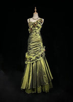 Vintage Dark Green Irregular Neckline Satin Beaded Evening Dress Ruched Mermaid Prom Dress Y8560