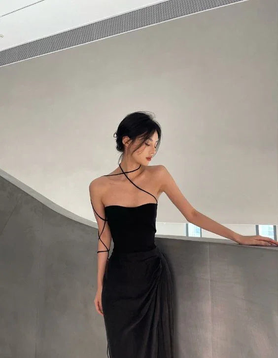 Abito da sera semplice nero elegante e seducente Y1343