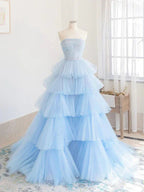 Vestido longo de baile de inverno em tule azul, vestido de noite em tule azul com camadas Y393