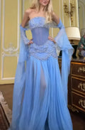 Vestido longo azul claro de festa e cerimónia em chiffon, modelo A, com decote ombro a ombro Y8045