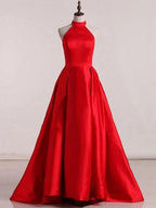 Vestidos de Festa de Cetim com Alças ao Pescoço, Sem Mangas, Costas Descobertas, Corte em A Y941