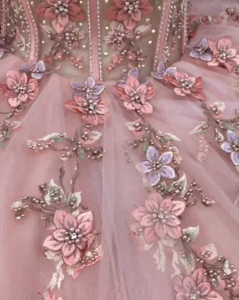 Abito da ballo con applicazioni floreali in tulle rosa Abito per sedicesimo compleanno Y527