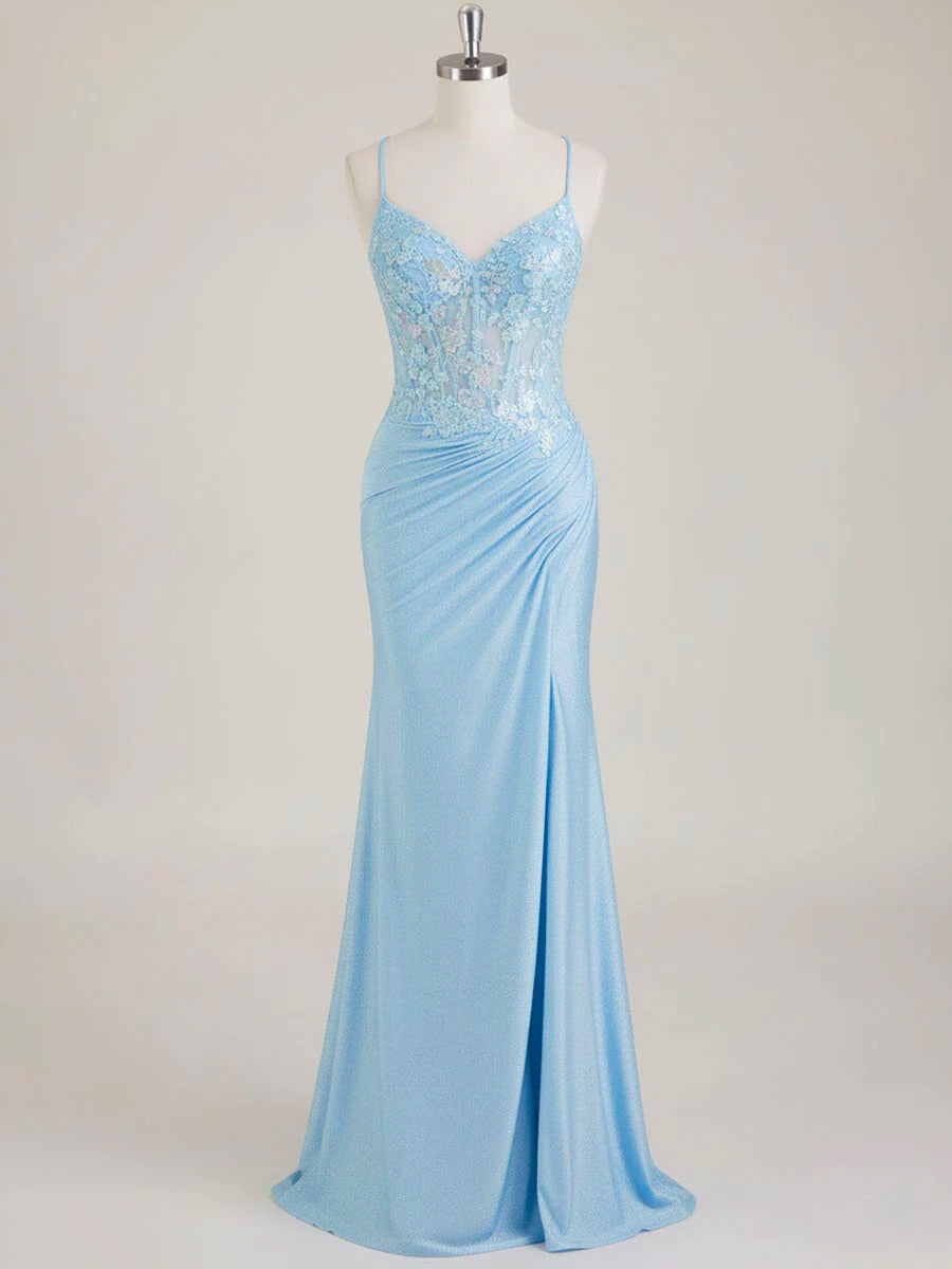 Elegant Mermaid Sequin Prom Dress With Spaghetti Straps And Slit