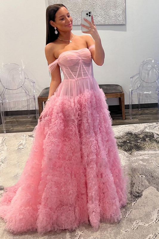 Roycebridal Kenia | Vestido de fiesta de tul con volantes, hombros descubiertos y abertura