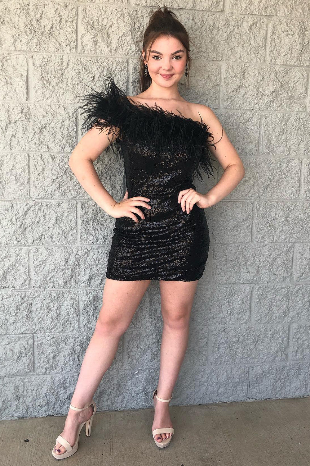 Sparkly Tight Sequins Homecoming Dress with Feathers