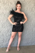 Sparkly Tight Sequins Homecoming Dress with Feathers
