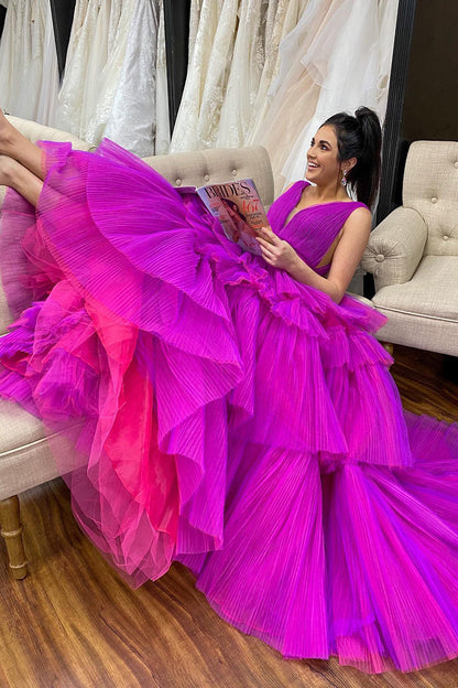 Roycebridal Giana |Vestido de fiesta de graduación de tul escalonado con cuello en V y corte A