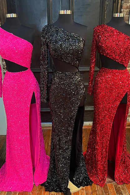 Vestido de fiesta largo con lentejuelas rojas de un solo hombro y limo