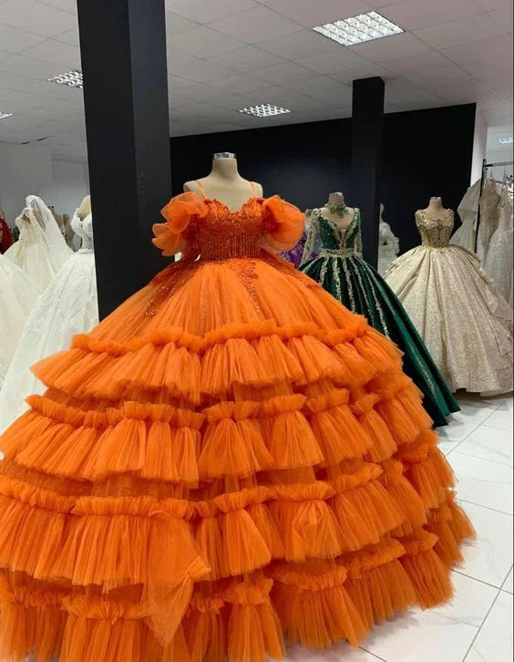 Bezauberndes oranges Ballkleid mit Puffärmeln, oranges Kleid für den 16. Geburtstag Y6577