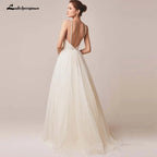 Chic V Neck Spaghetti Strap Tulle Wedding Dress Custom Backless Gown