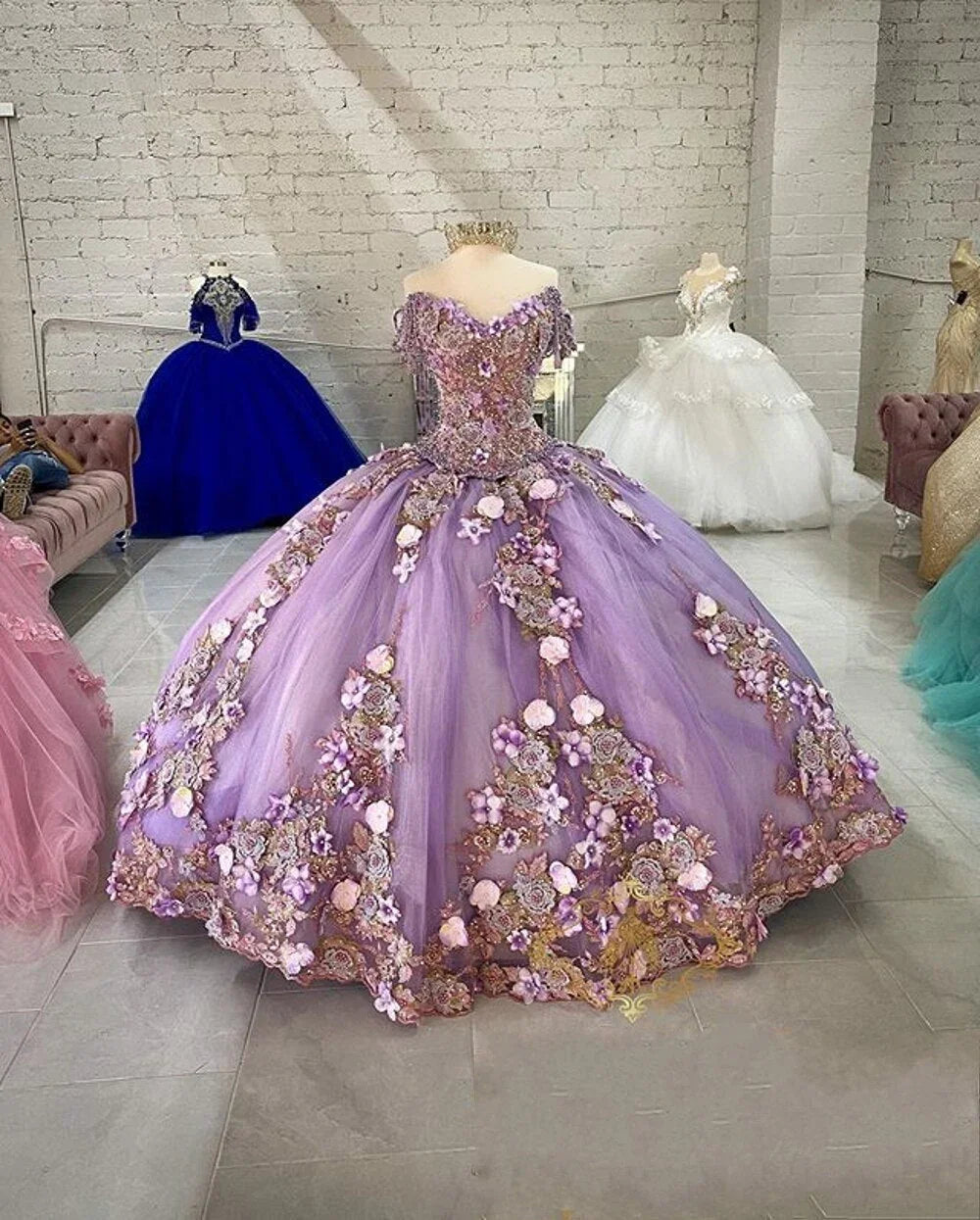 Abito da ballo con perline e spalle scoperte alla lavanda per Quinceañera, abito da principessa per il sedicesimo compleanno S26700